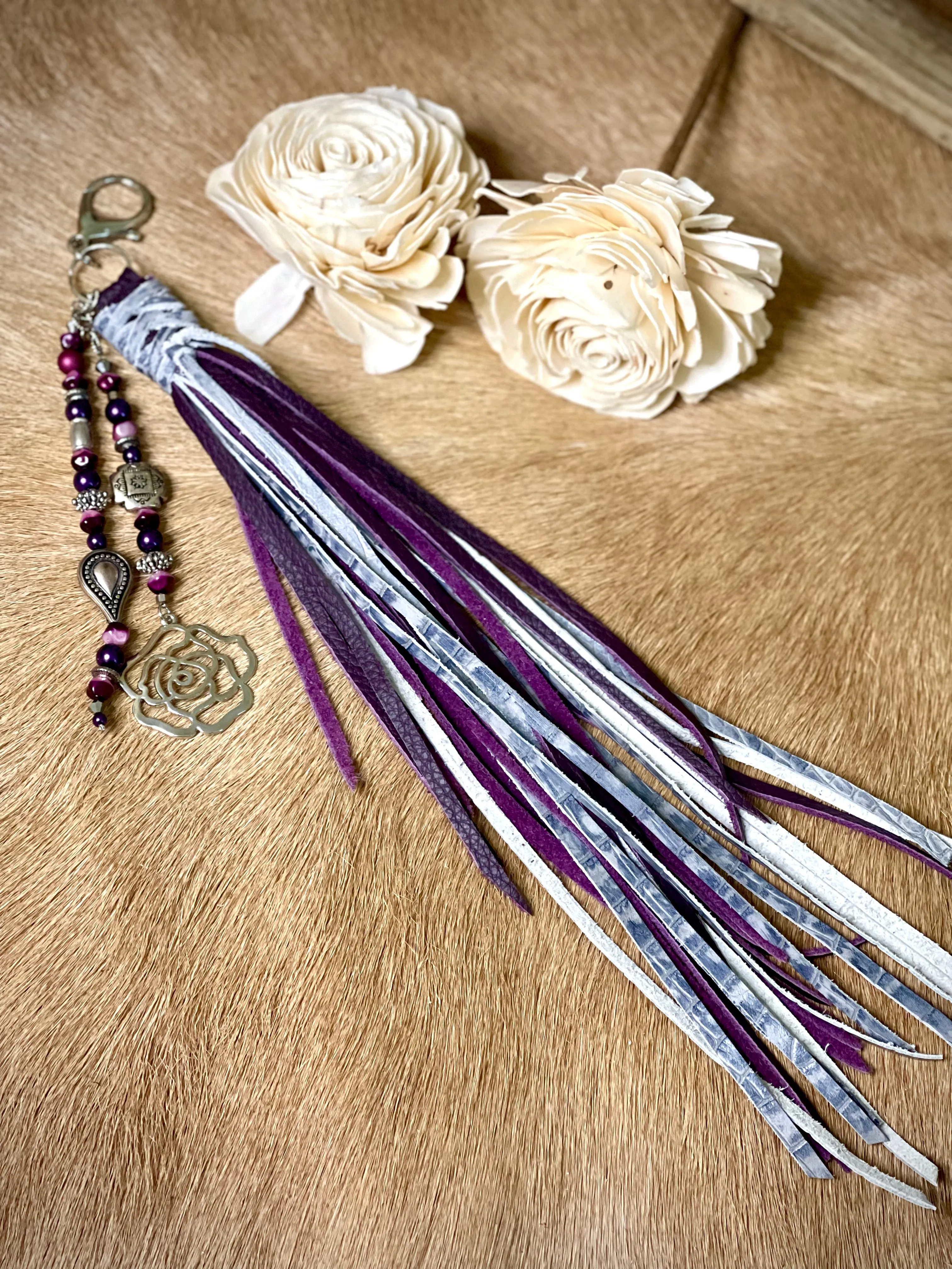 Purple & Gray Leather w/Matching Beads - Purse Tassel