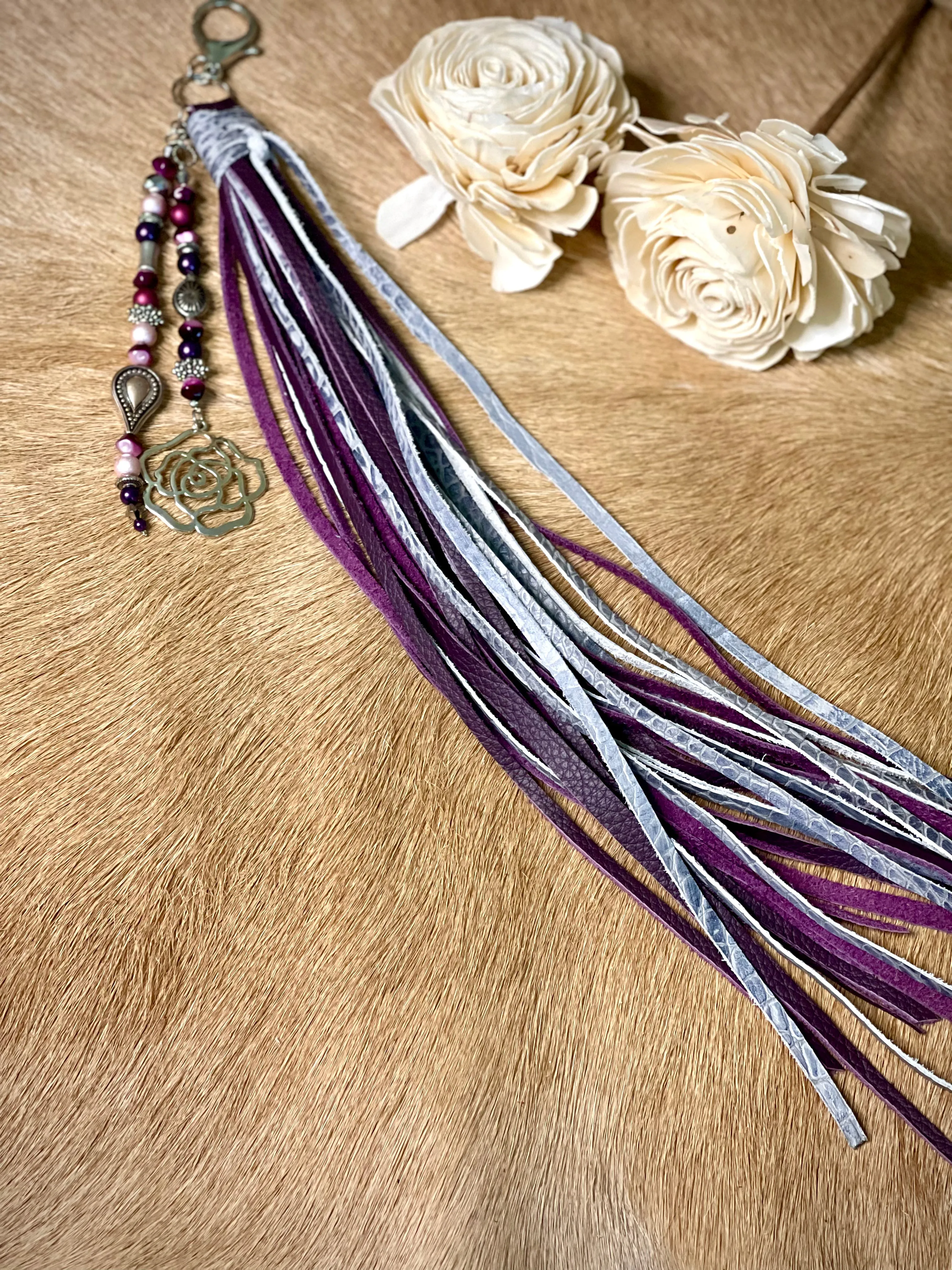 Purple & Gray Leather w/Matching Beads - Purse Tassel