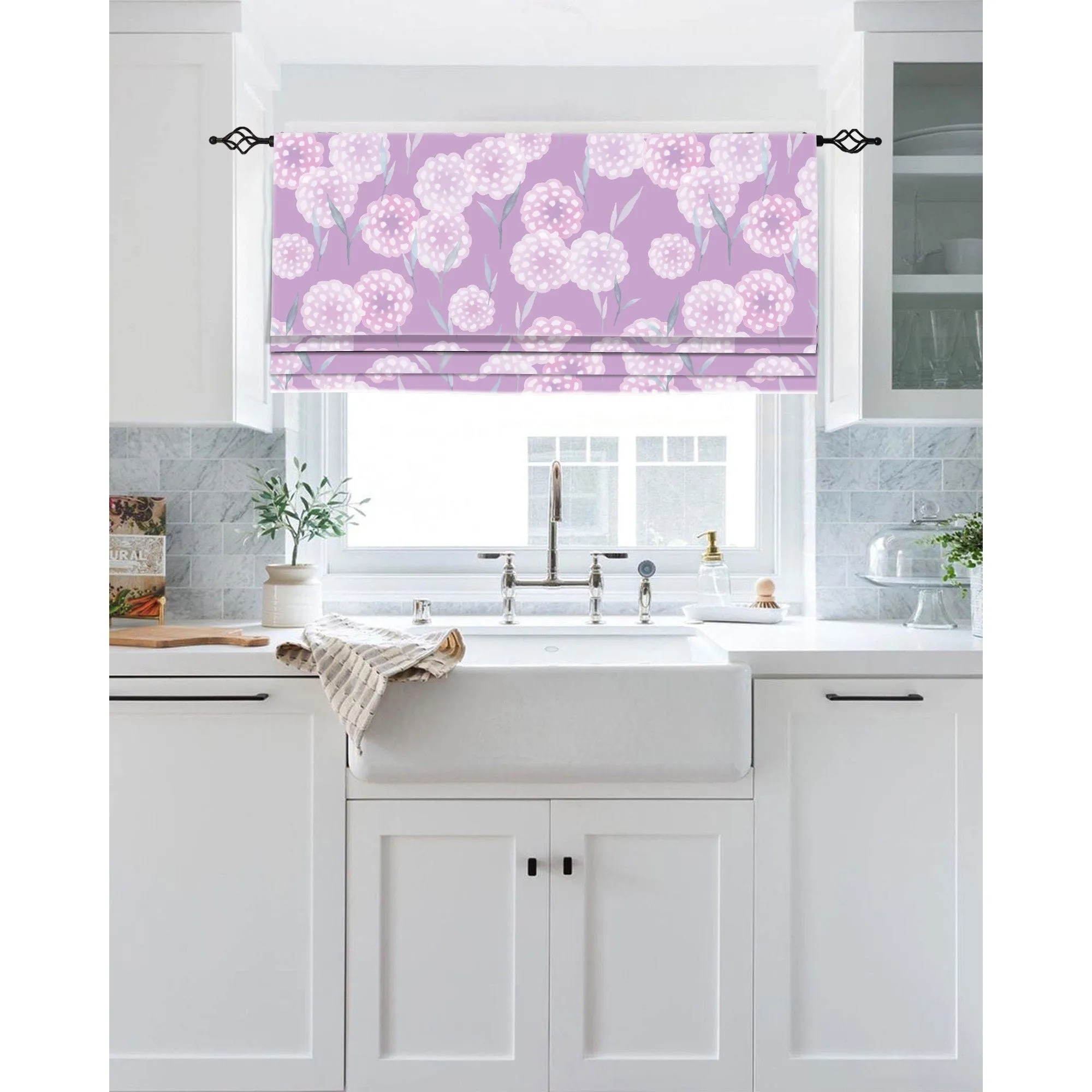 Purple Hydrangea Flower Linen Faux Roman Shade Valance