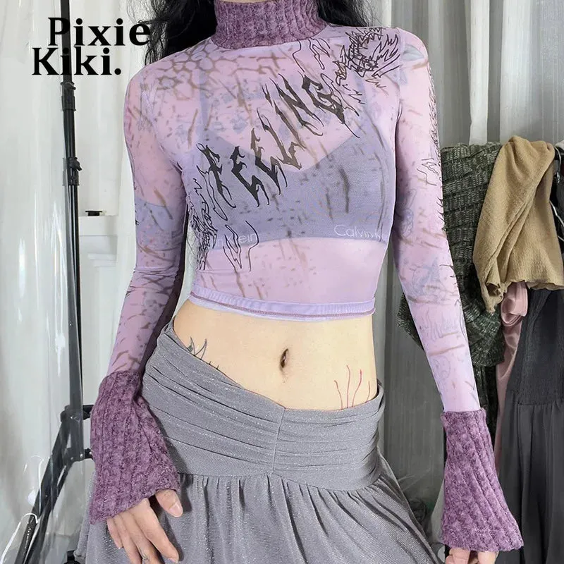 Purple Print Patchwowk Knit Mesh Sheer Crop Top Trashy Y2k 2000s Tshirt Long Sleeve Trendy Clothes for Woman P85-BC12