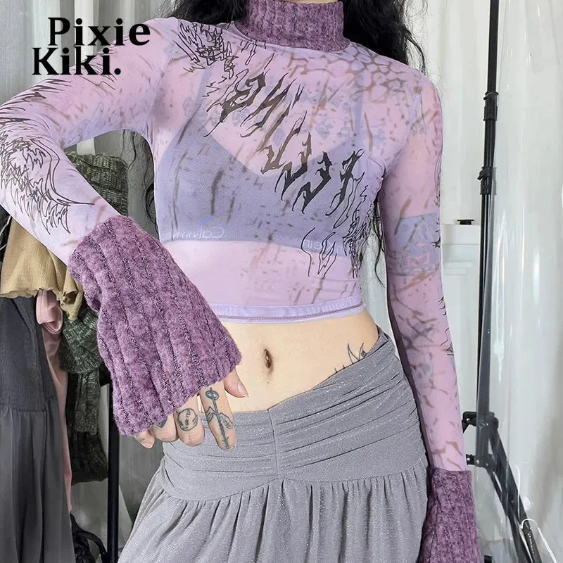 Purple Print Patchwowk Knit Mesh Sheer Crop Top Trashy Y2k 2000s Tshirt Long Sleeve Trendy Clothes for Woman P85-BC12