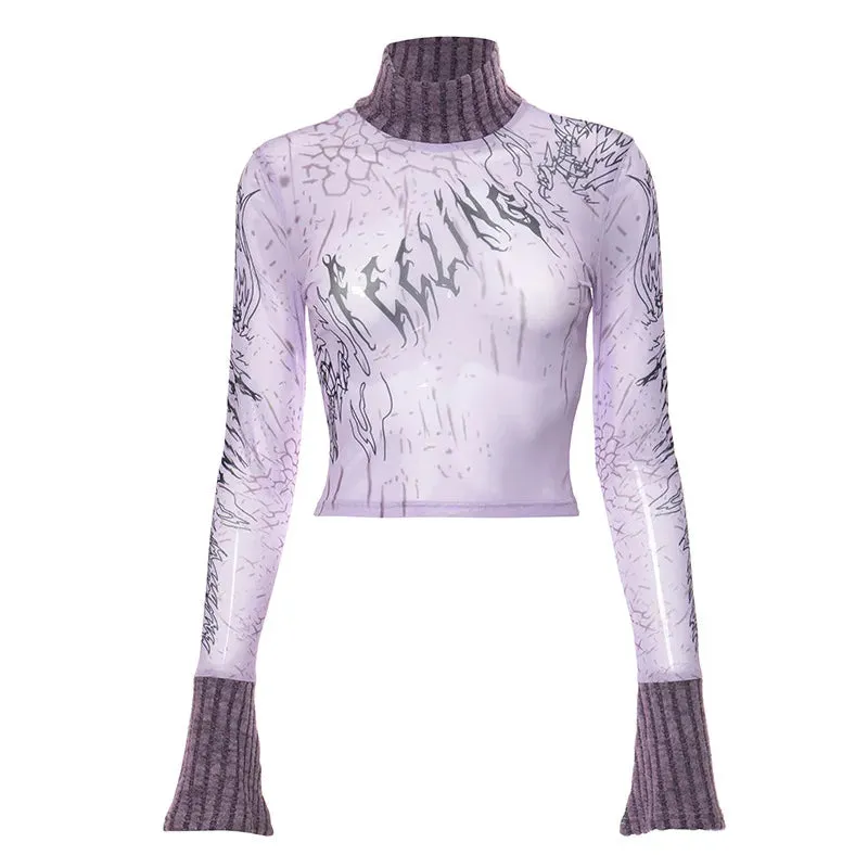 Purple Print Patchwowk Knit Mesh Sheer Crop Top Trashy Y2k 2000s Tshirt Long Sleeve Trendy Clothes for Woman P85-BC12