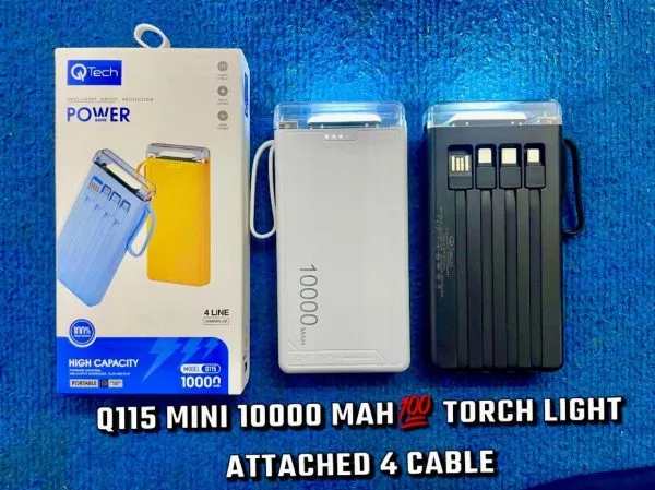 Qtech Q115 Power Bank 10000mah With Torch Light And Attached Cables (random Color)