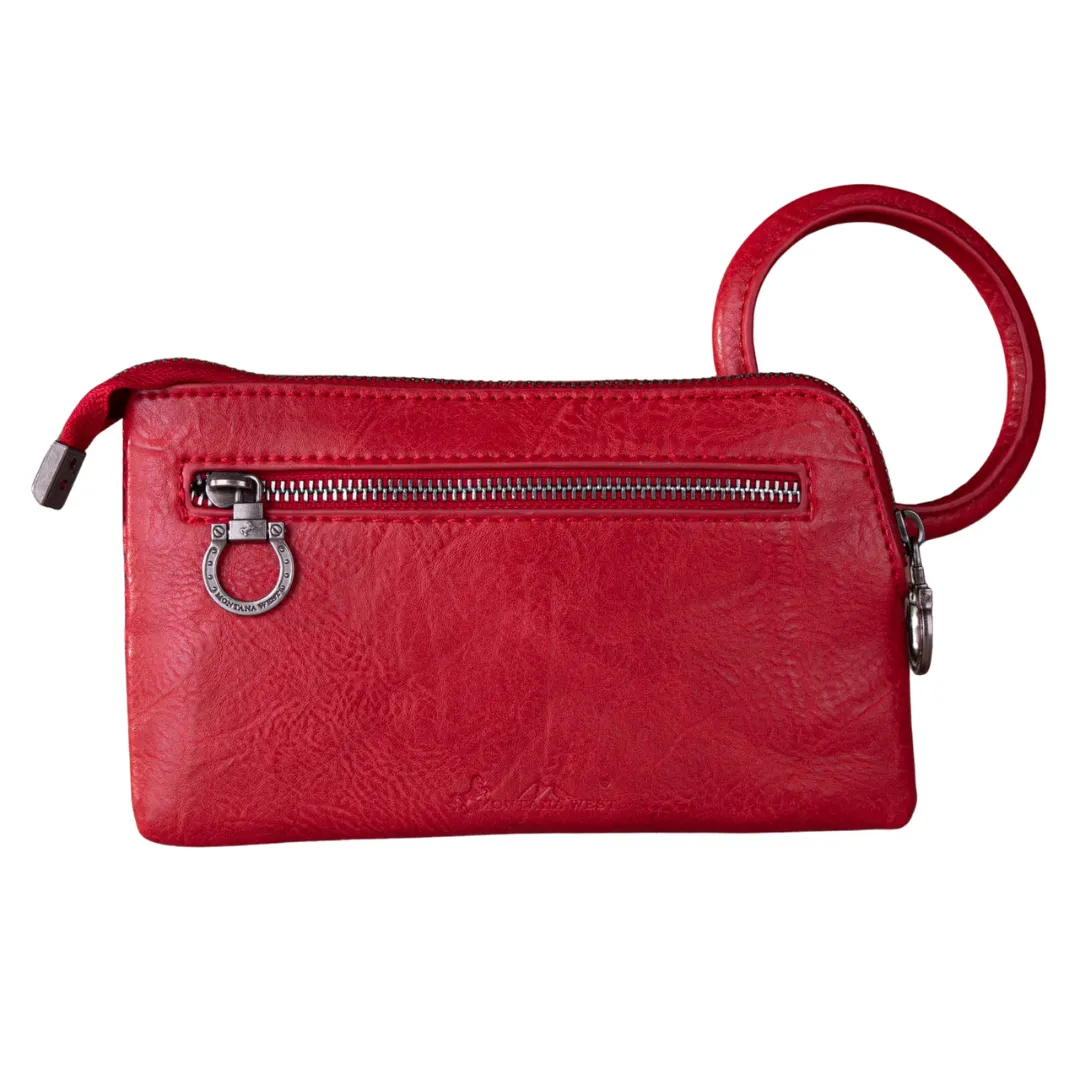 Red Floral Tooled Ring Handle Wristlet Clutch Bag - MW1260-B181RD