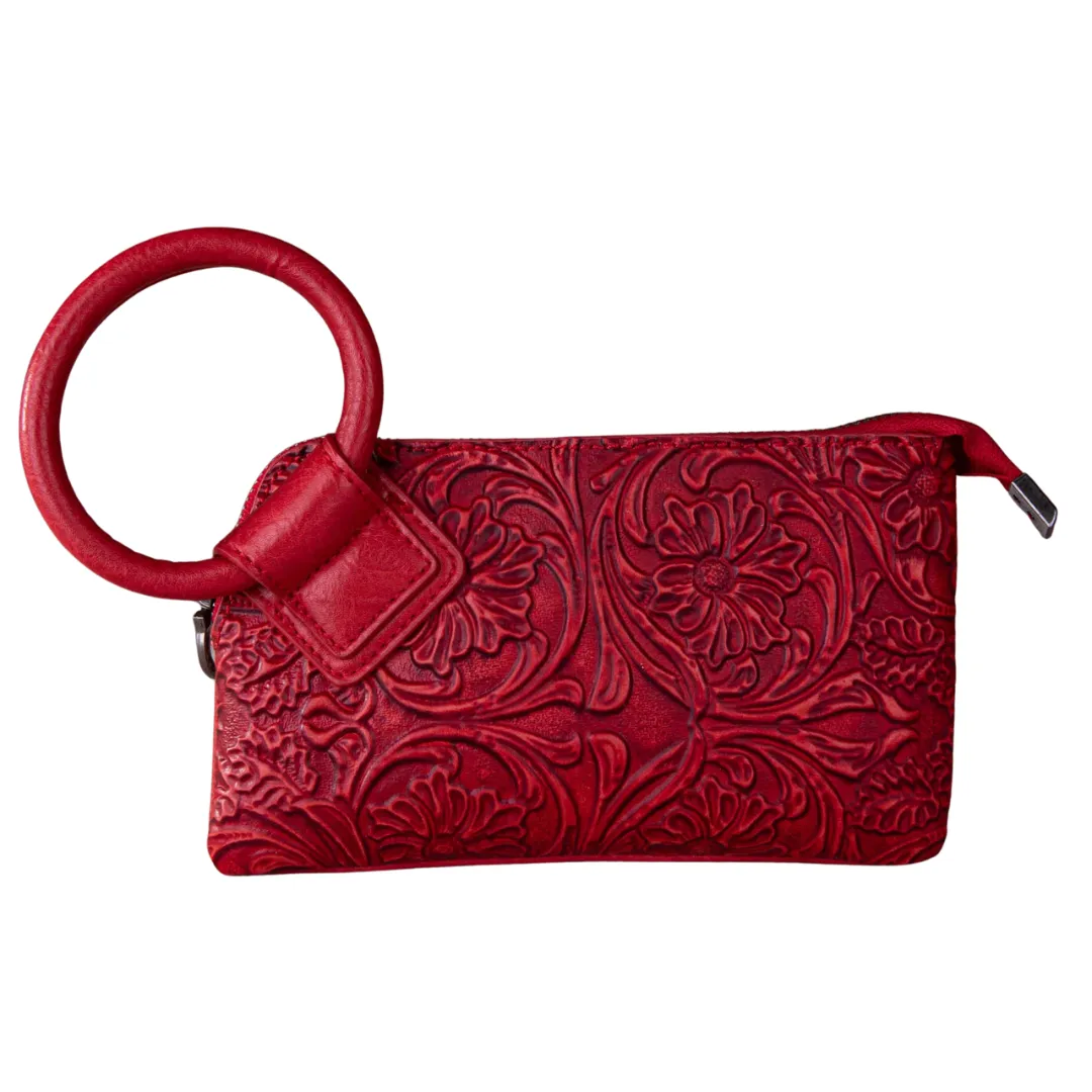 Red Floral Tooled Ring Handle Wristlet Clutch Bag - MW1260-B181RD