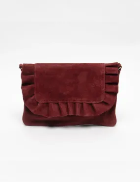 Riwana Ruffle Clutch, Burgundy Suede