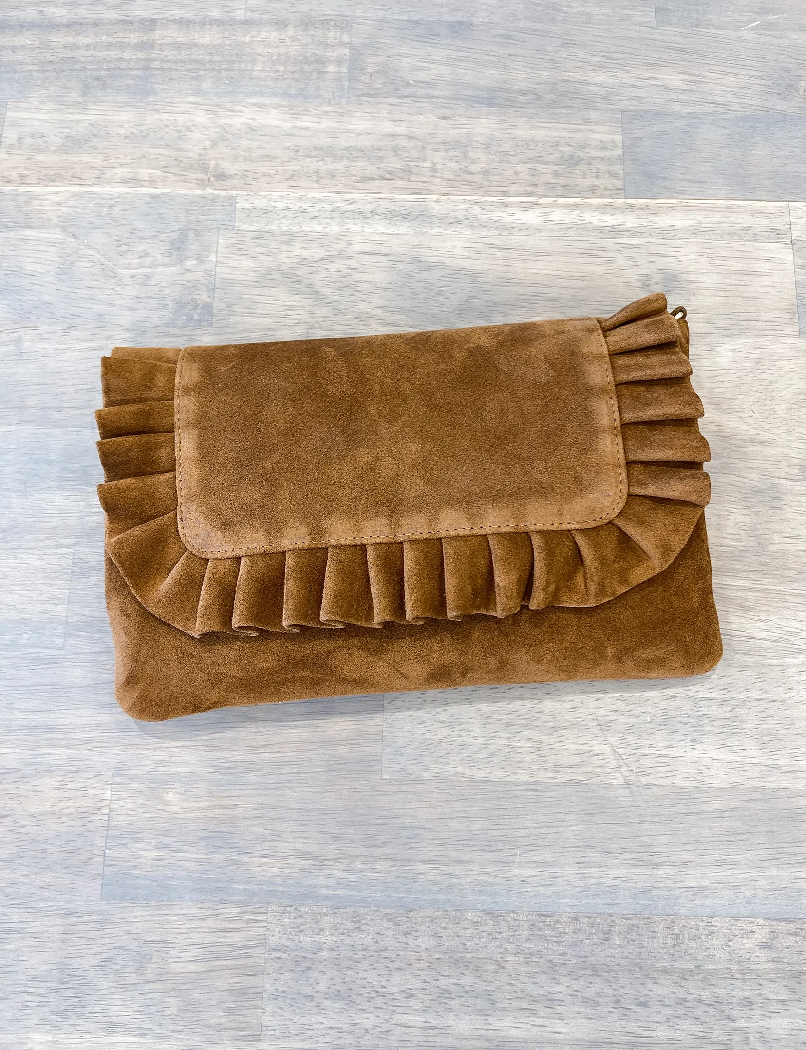 Riwana Ruffle Clutch, Chestnut Suede