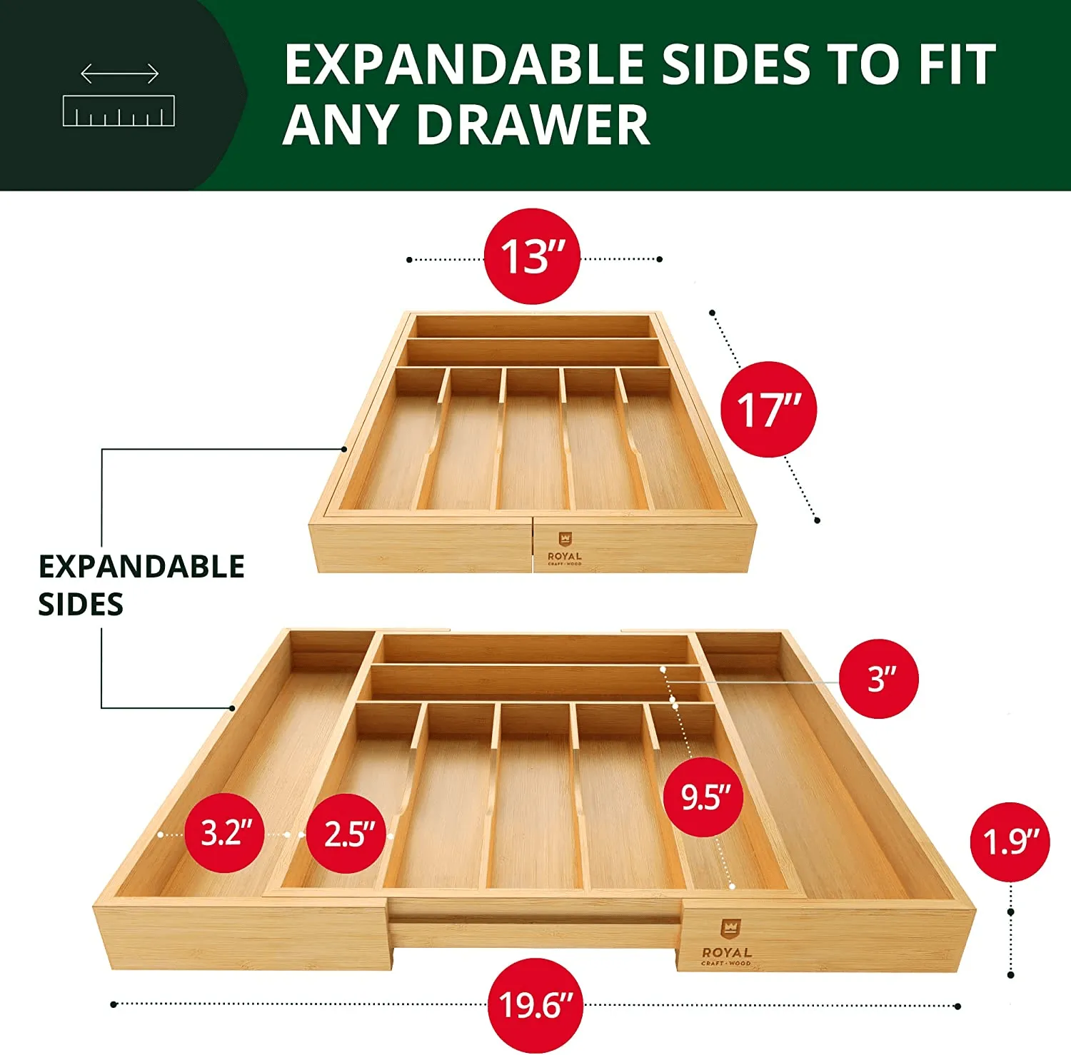 Royal Craft Wood Silverware Drawer Organizer 9 Slots