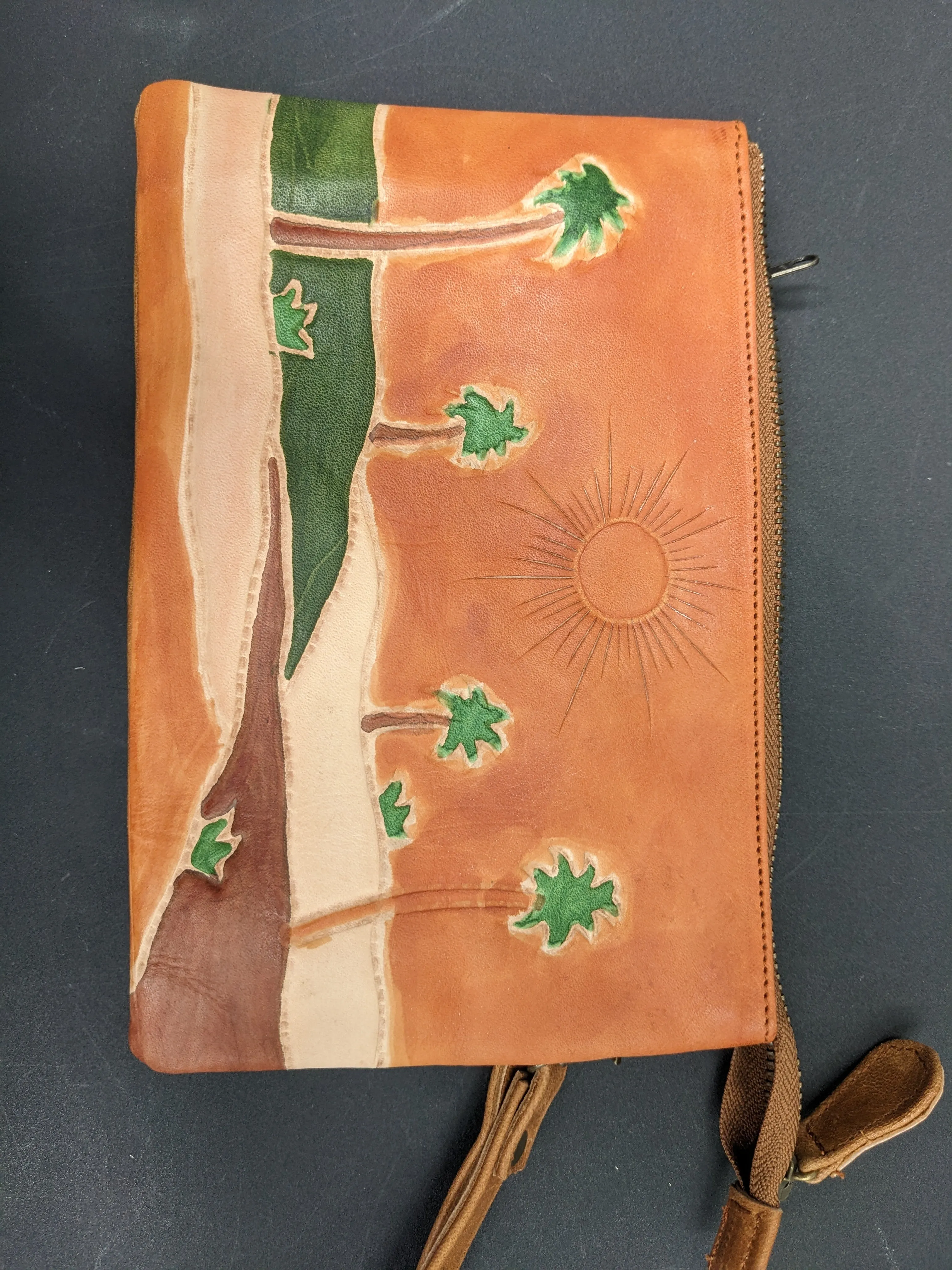 Small Double Strap Clutch Tan Palms