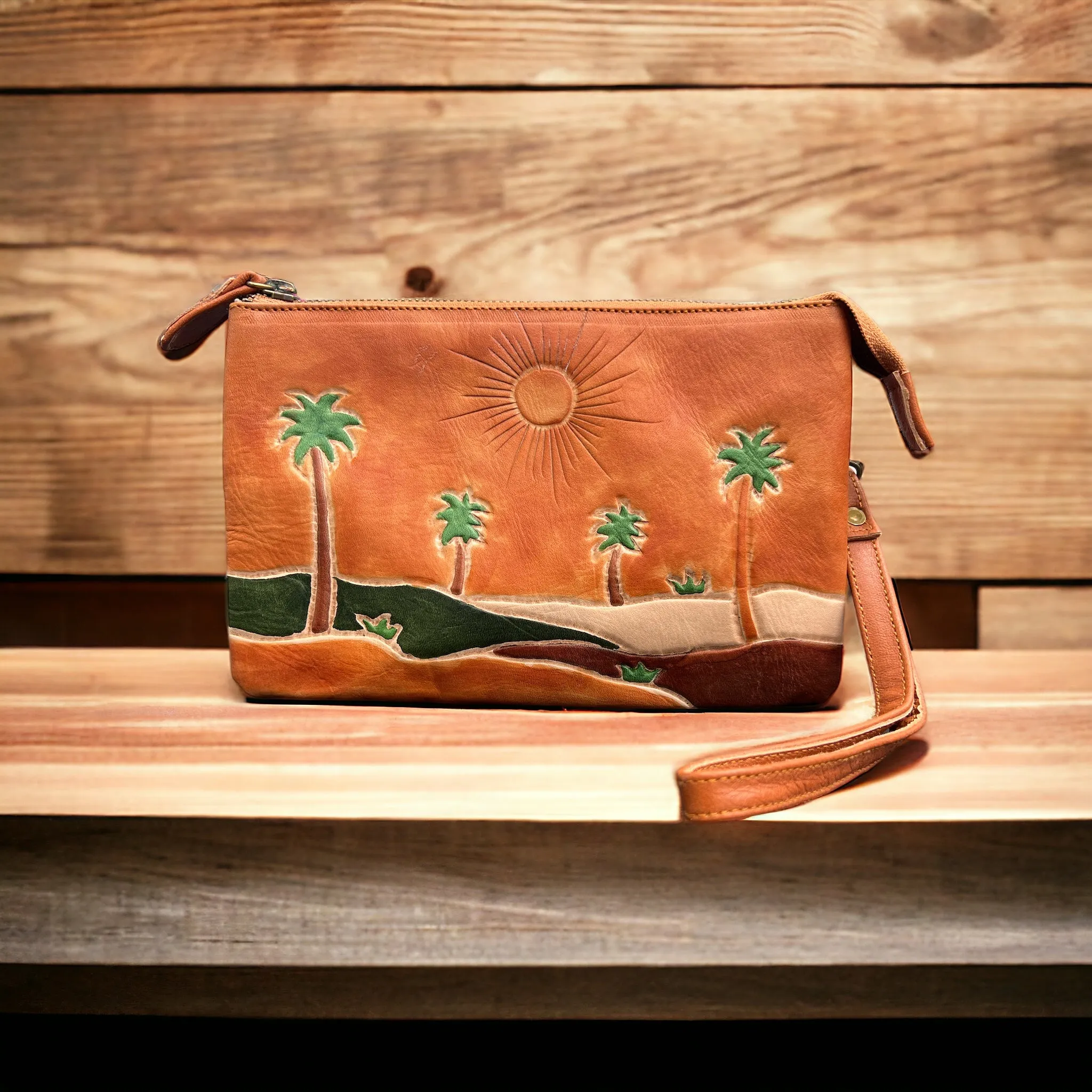 Small Double Strap Clutch Tan Palms