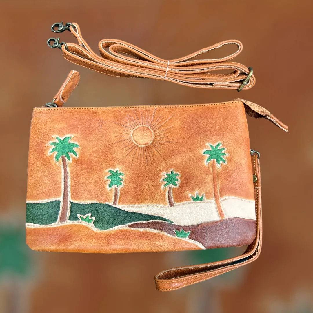 Small Double Strap Clutch Tan Palms