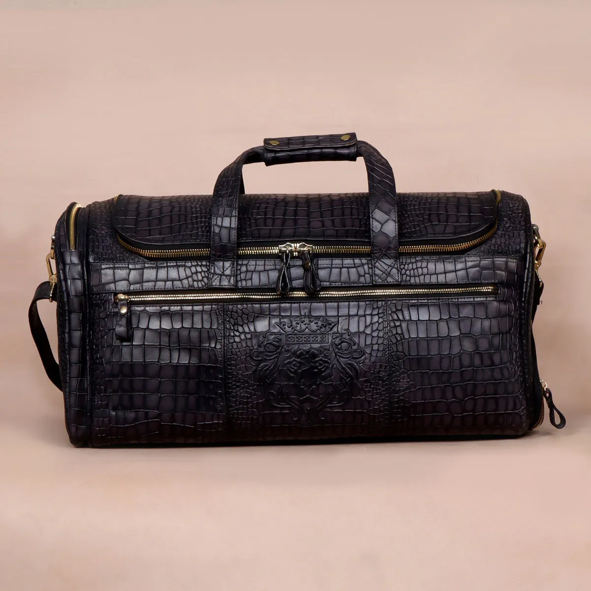 Smokey Finish Grey Leather Duffle Bag in  Croco Textured