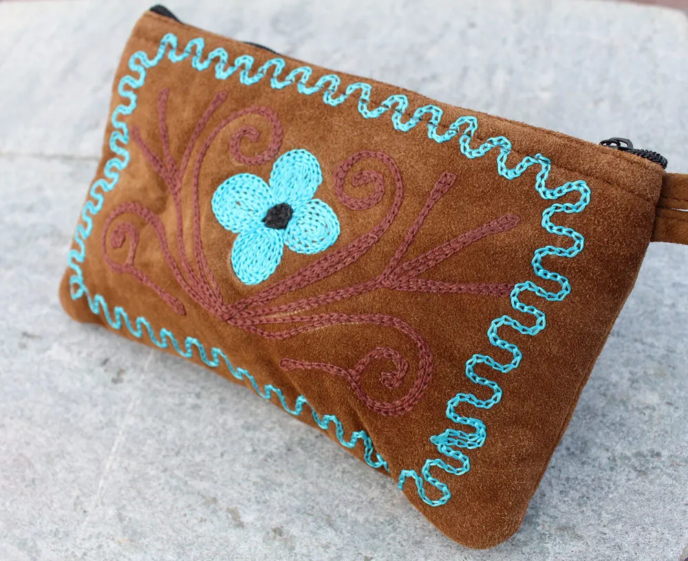 Soft Suede Flower Pattern Embroidered Handmade Coin Purse