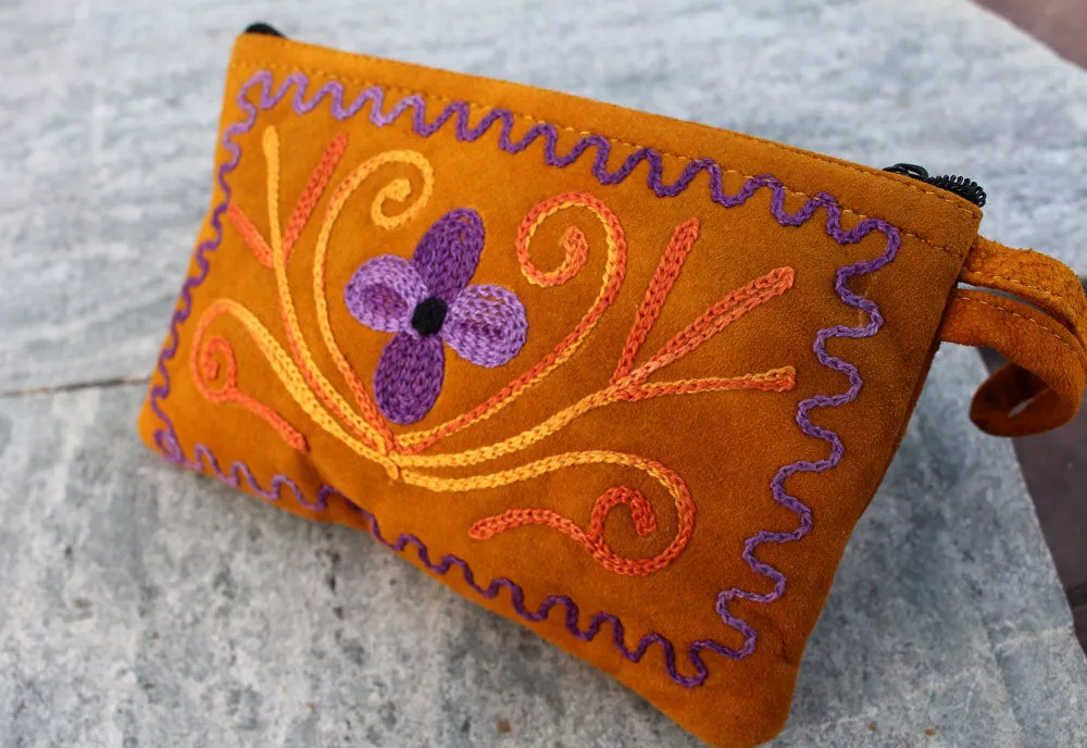 Soft Suede Flower Pattern Embroidered Handmade Coin Purse