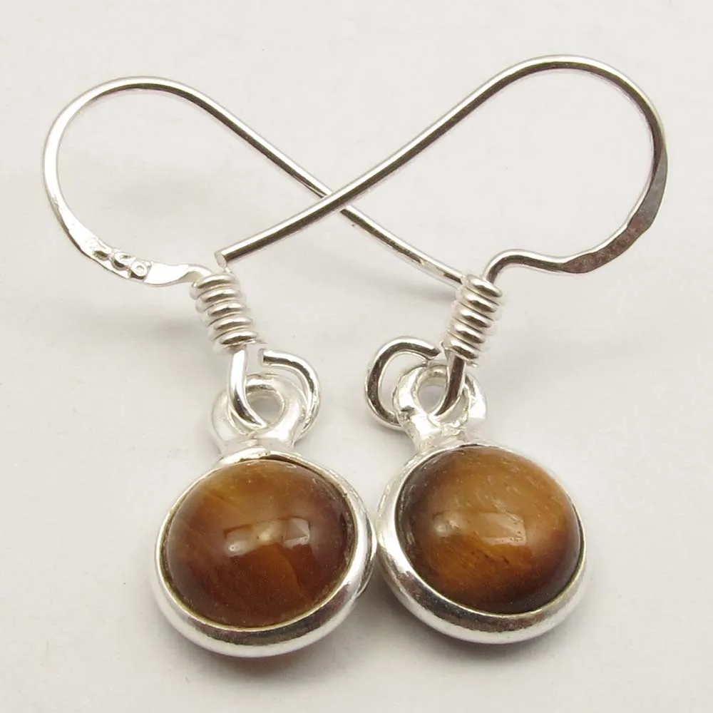 Solid Silver Round Cabochon Drop Tigers Eye Earrings