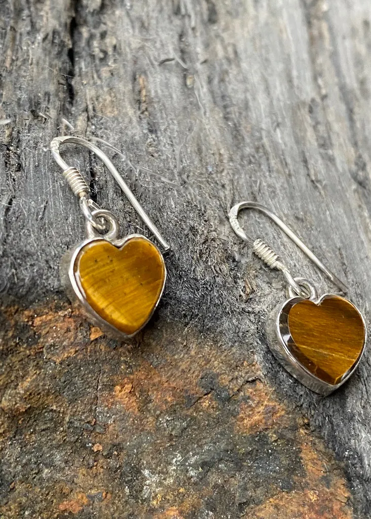 Solid Silver Tigers Eye Heart Drop Earrings