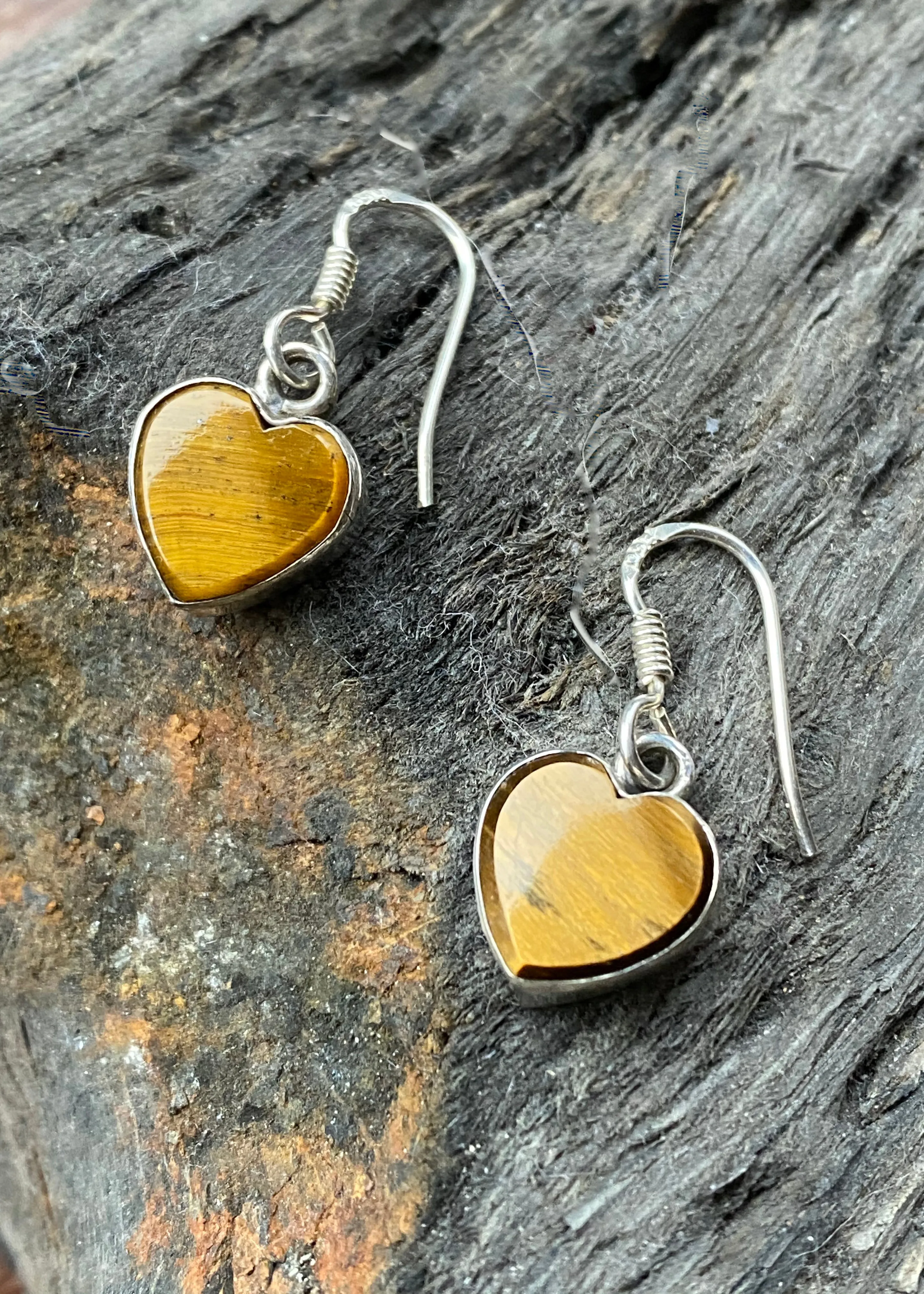 Solid Silver Tigers Eye Heart Drop Earrings