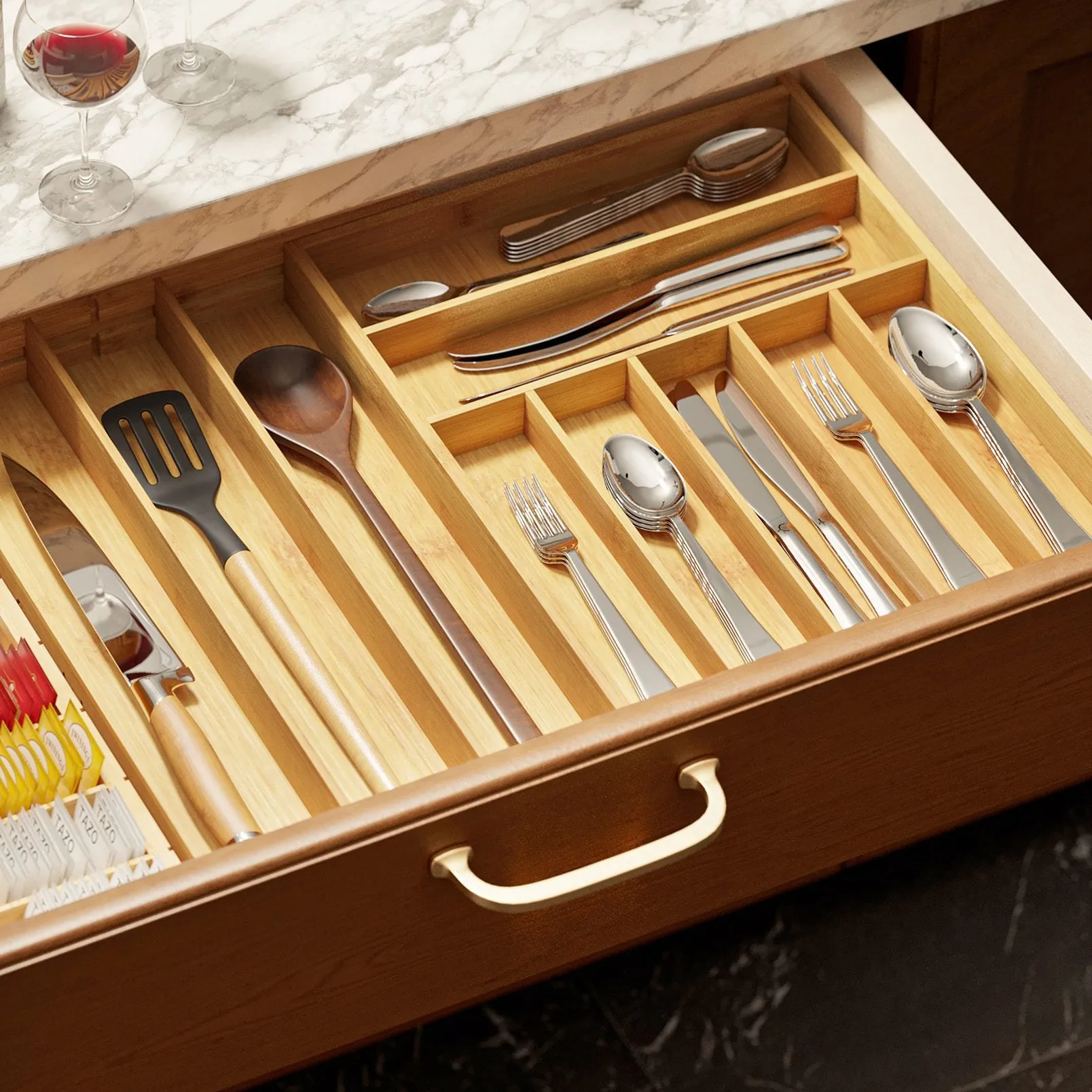 SpaceAid Bamboo Expandable Silverware Organizer for Kitchen Drawer Storage (Natural, 10 Slots)