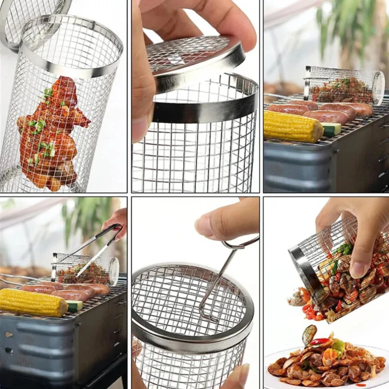 Stainless Steel Grill Basket Portable Barbecue Cage Rolling Grilling Basket