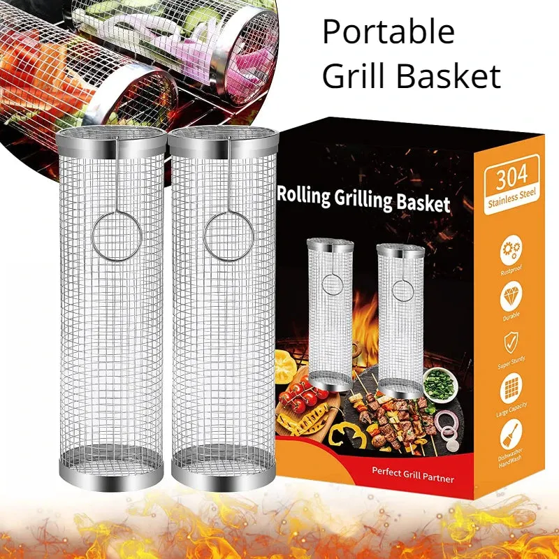 Stainless Steel Grill Basket Portable Barbecue Cage Rolling Grilling Basket