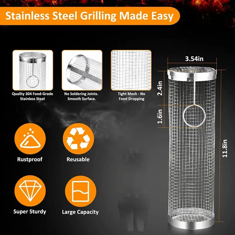 Stainless Steel Grill Basket Portable Barbecue Cage Rolling Grilling Basket