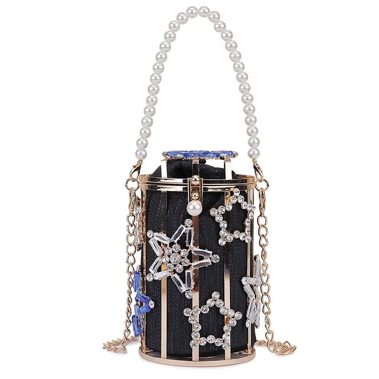 Star Diamond Hollow Cage Clutch With Pearl Chains