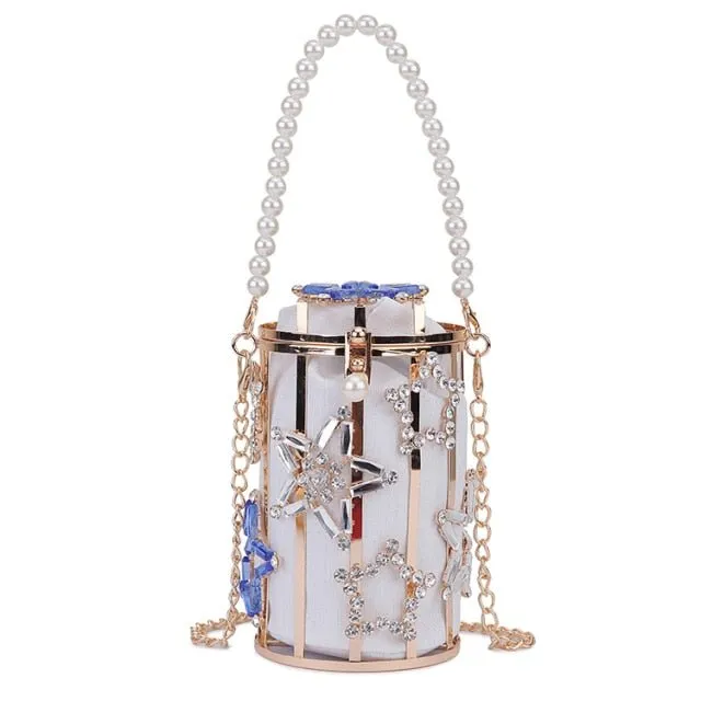 Star Diamond Hollow Cage Clutch With Pearl Chains