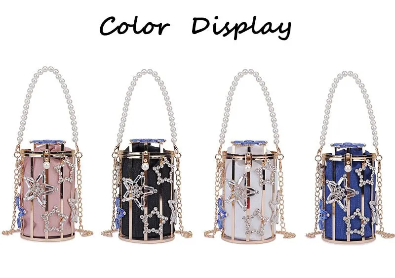 Star Diamond Hollow Cage Clutch With Pearl Chains