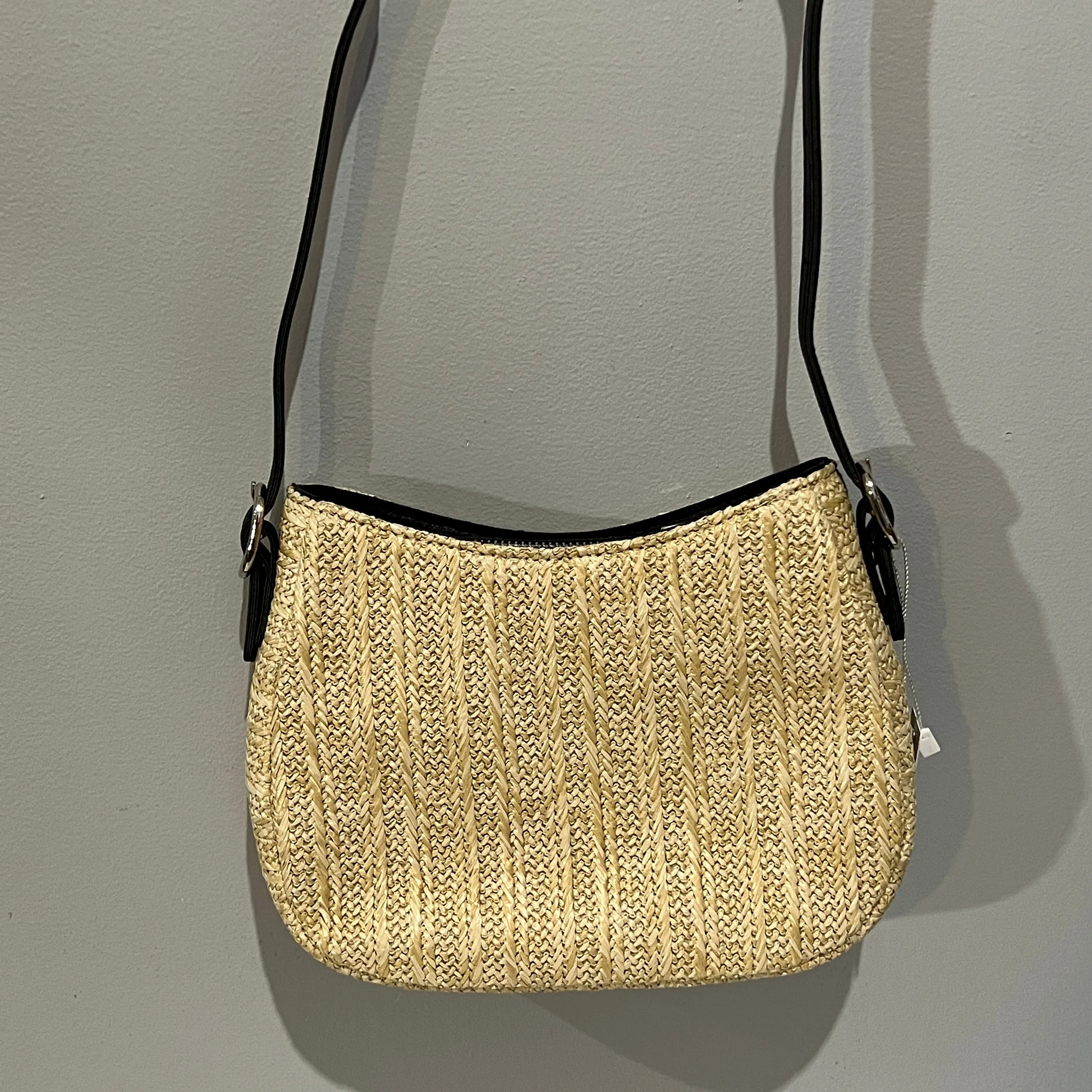 Straw Shoulder Bag with Black Strap