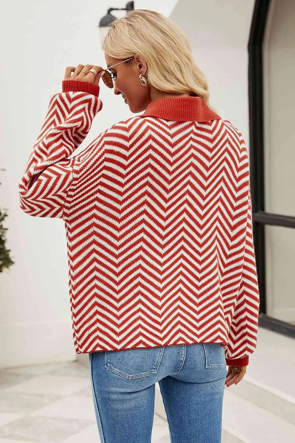 Striped Collared Neck Buttoned Pullover Sweater