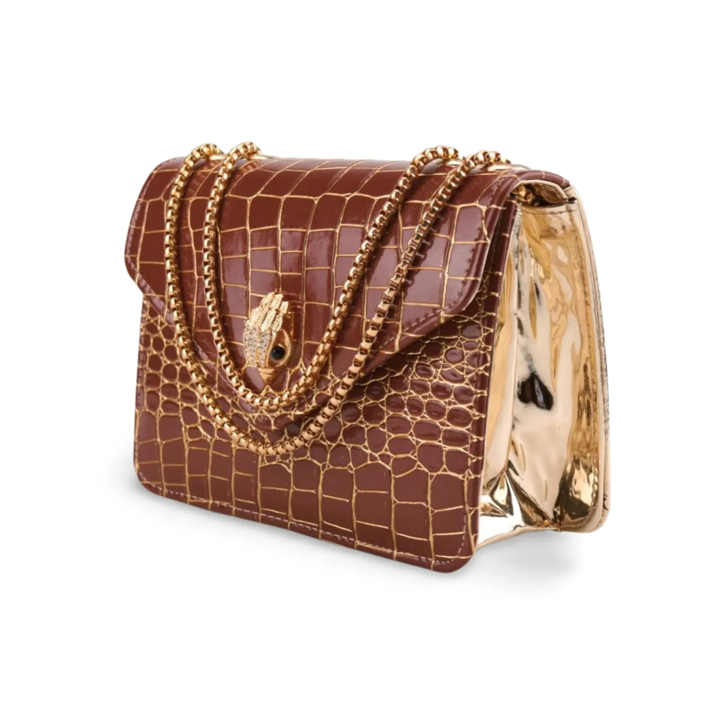 Stylish Faux Leather Crocodile Print Clutch Bag with Gold Chain