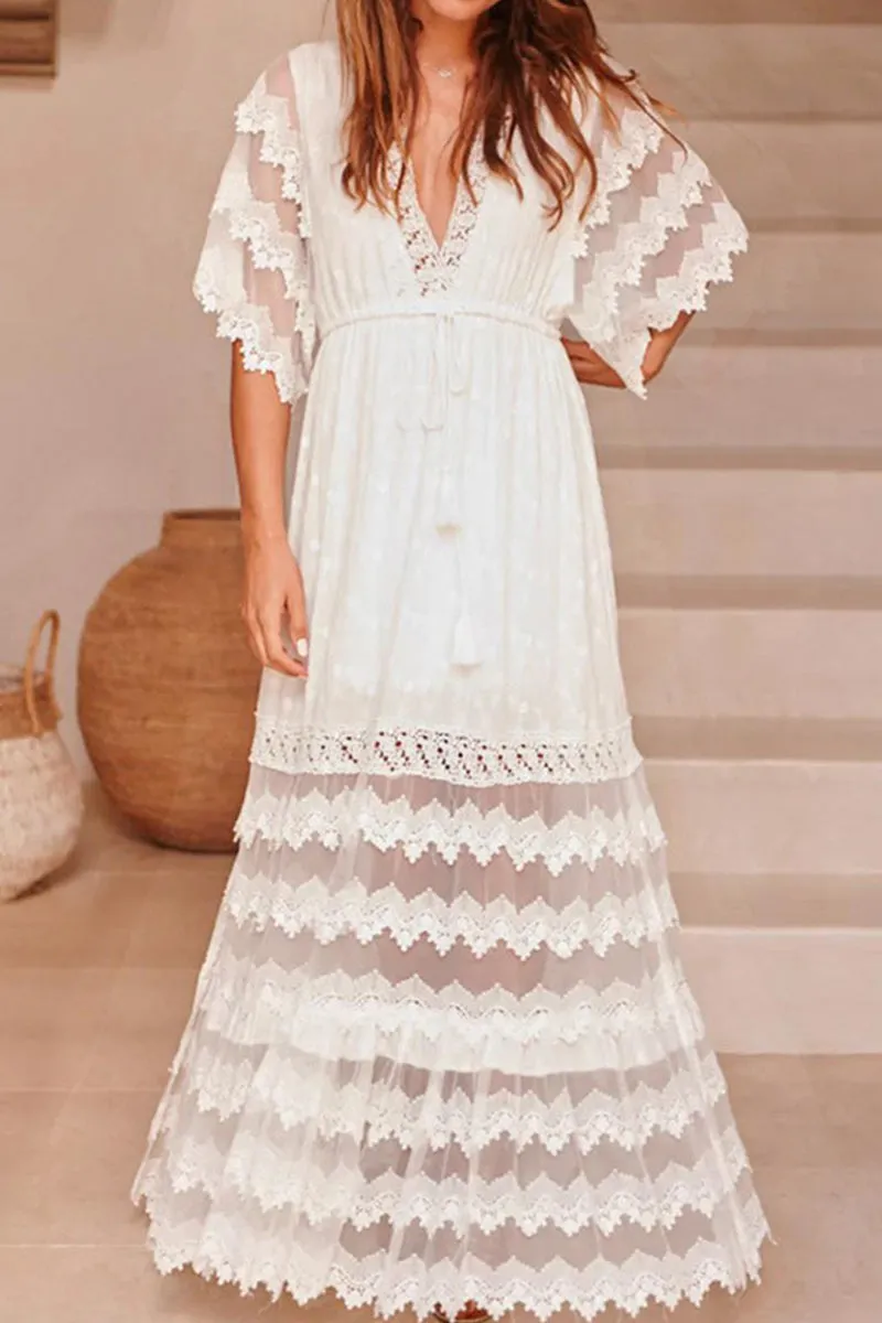 Sweet Elegant Solid Lace Tassel V Neck Short Sleeve Dress Dresses