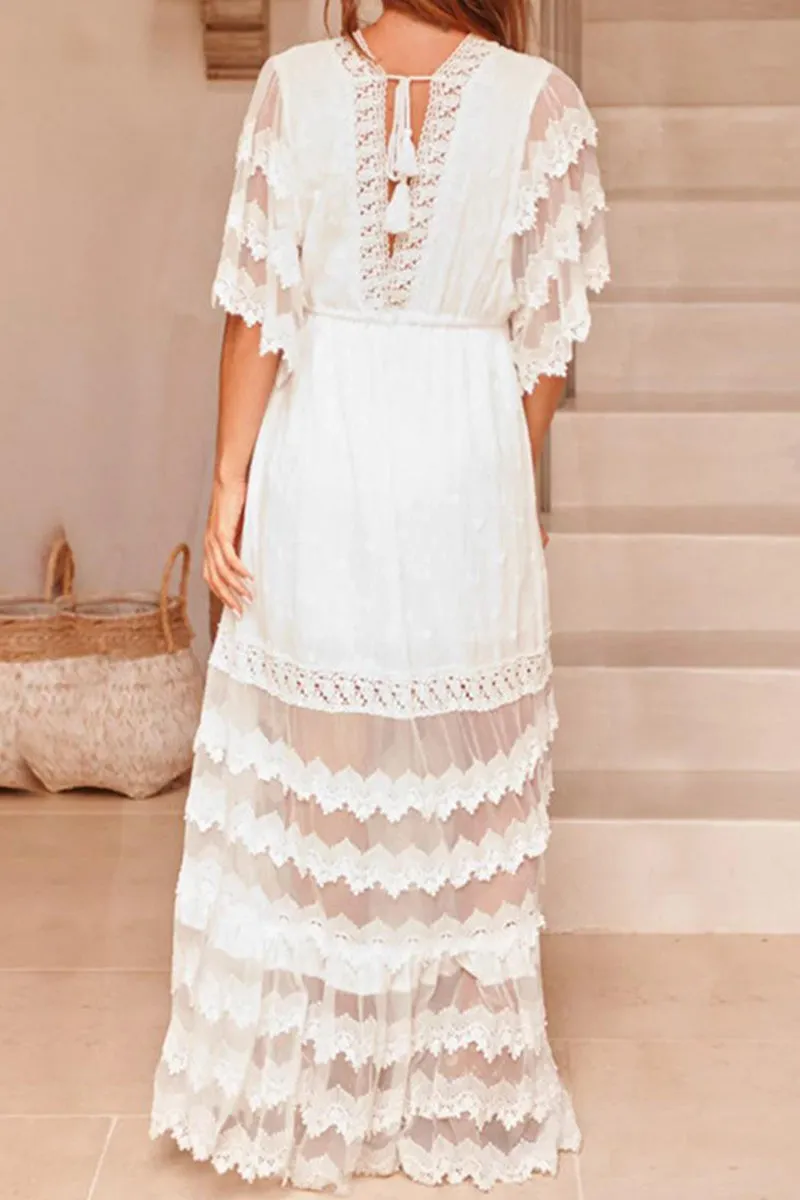 Sweet Elegant Solid Lace Tassel V Neck Short Sleeve Dress Dresses