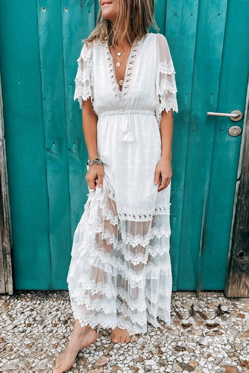 Sweet Elegant Solid Lace Tassel V Neck Short Sleeve Dress Dresses