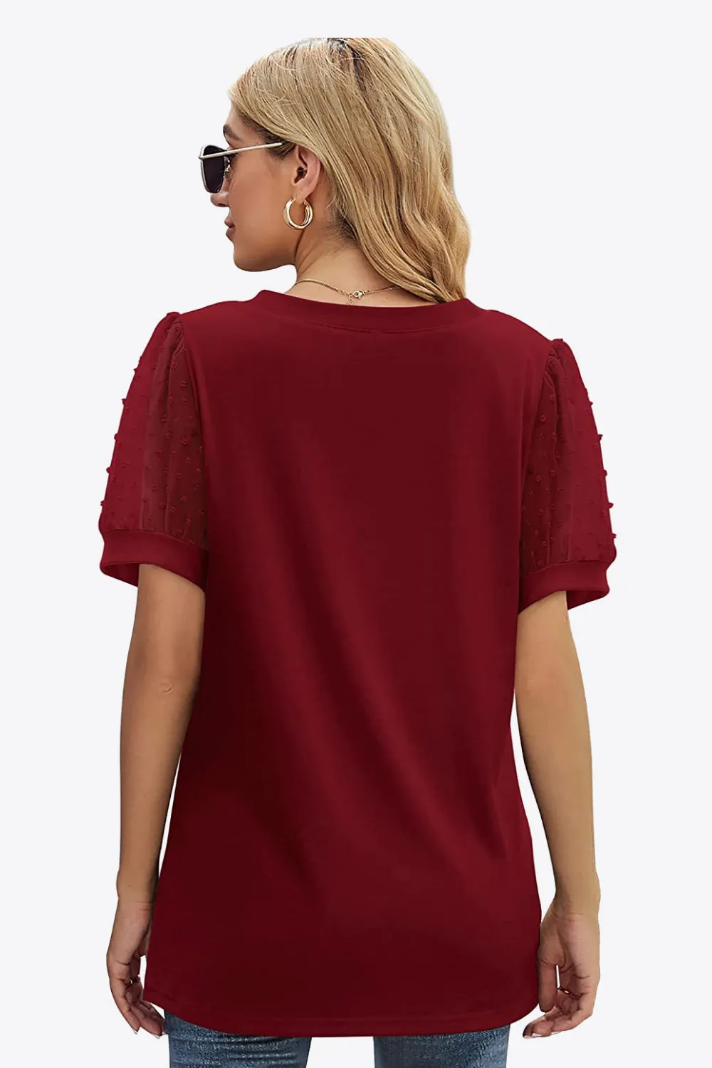 Swiss Dot Puff Sleeve V-Neck Tee