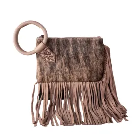 Tan Genuine Hair-On Cowhide Ring Handle Clutch Bag - TR167-A181TN