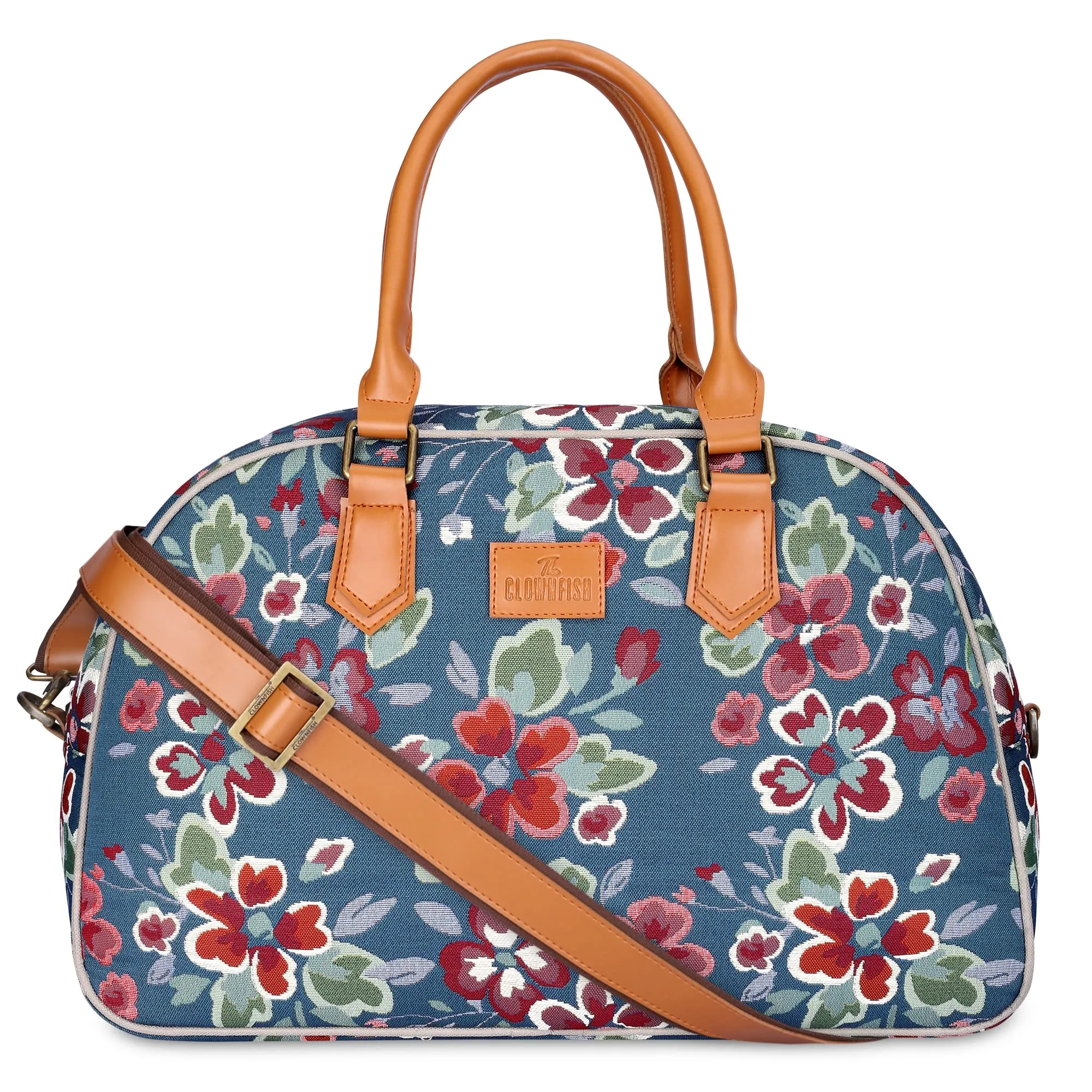 The Clownfish Ziana Series 24 litres Tapestry & Faux Leather Unisex Travel Duffle Bag Luggage Weekender Bag (Light Blue-Floral)