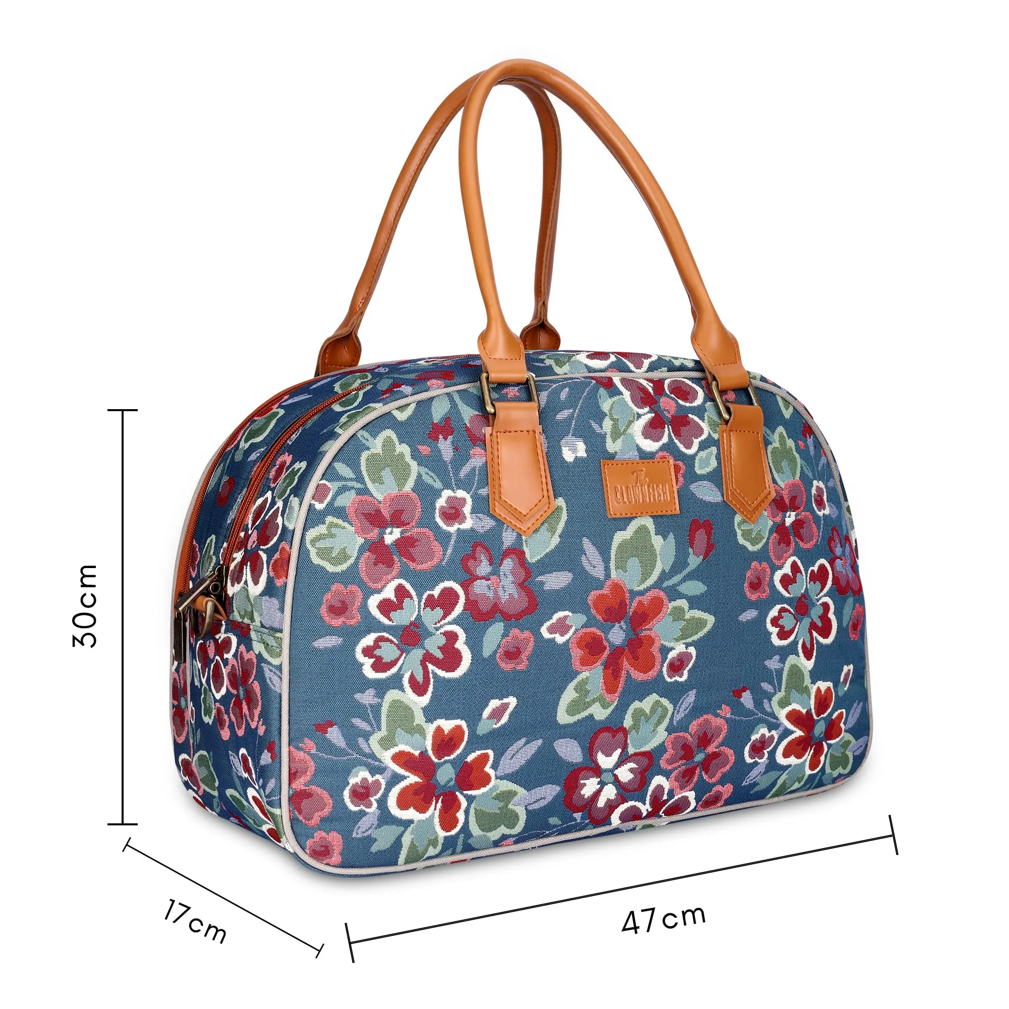 The Clownfish Ziana Series 24 litres Tapestry & Faux Leather Unisex Travel Duffle Bag Luggage Weekender Bag (Light Blue-Floral)