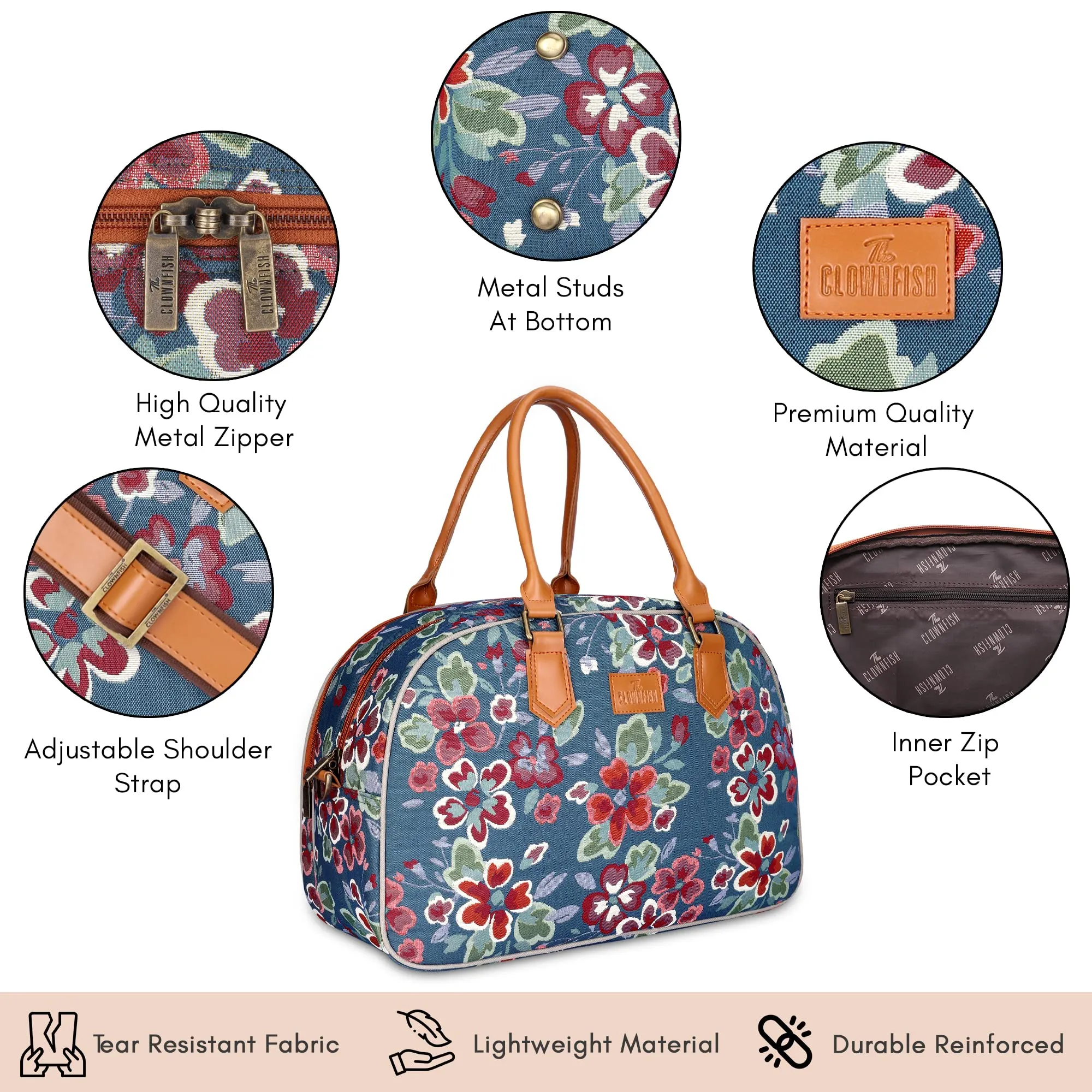 The Clownfish Ziana Series 24 litres Tapestry & Faux Leather Unisex Travel Duffle Bag Luggage Weekender Bag (Light Blue-Floral)