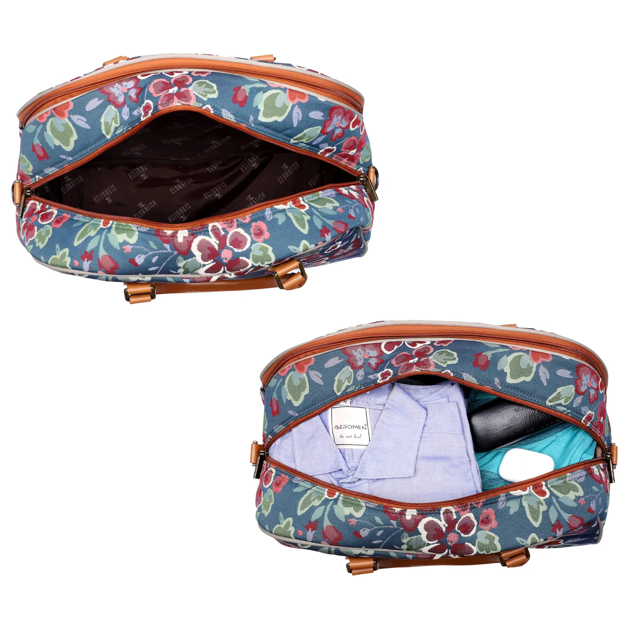 The Clownfish Ziana Series 24 litres Tapestry & Faux Leather Unisex Travel Duffle Bag Luggage Weekender Bag (Light Blue-Floral)