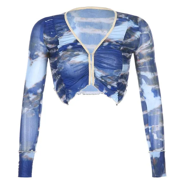 Tie Dye Print Cropped Sexy Deep V Neck Slim Long Sleeve Blouse