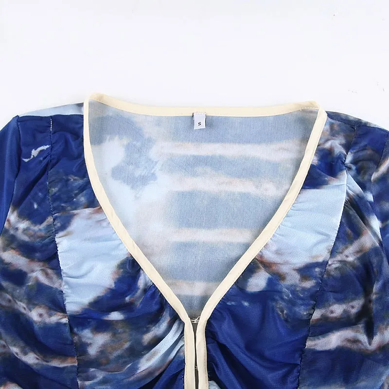 Tie Dye Print Cropped Sexy Deep V Neck Slim Long Sleeve Blouse