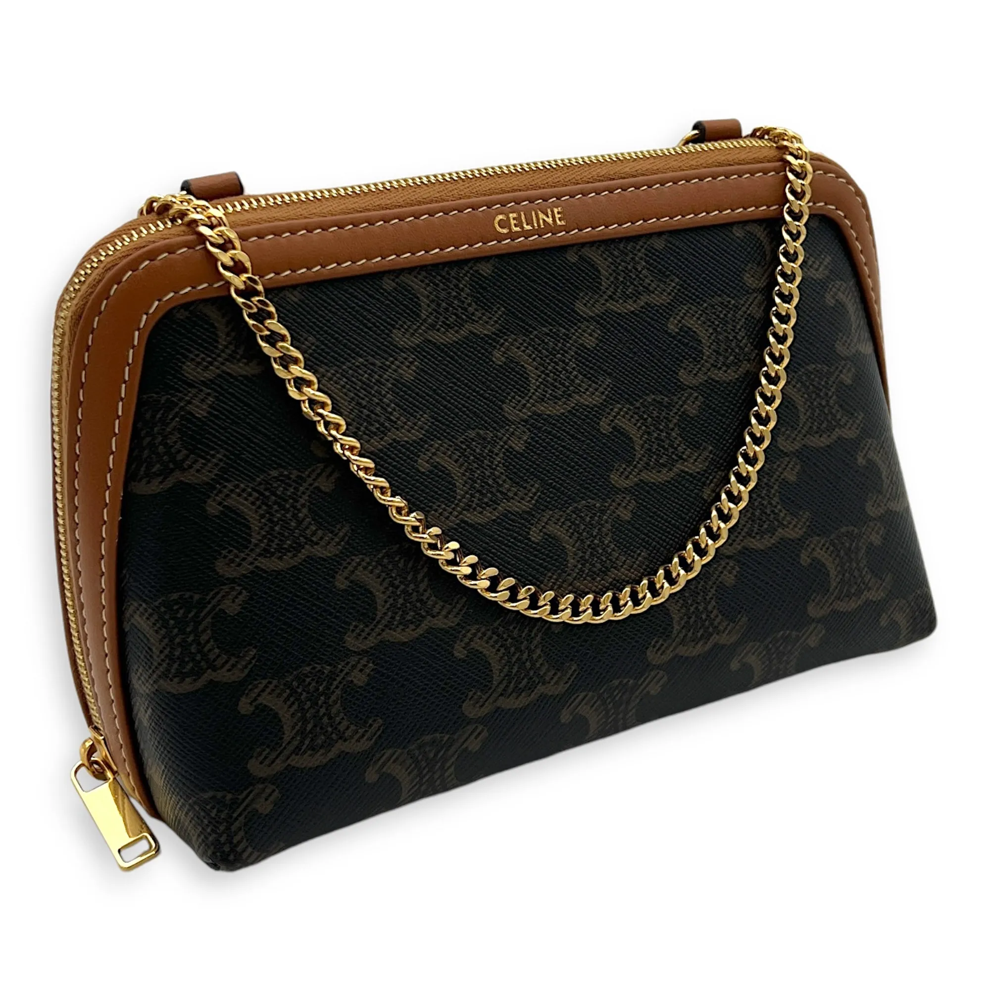 Triomphe Clutch On Chain Shoulder Bag Brown in Coated Canvas, Gold hardware