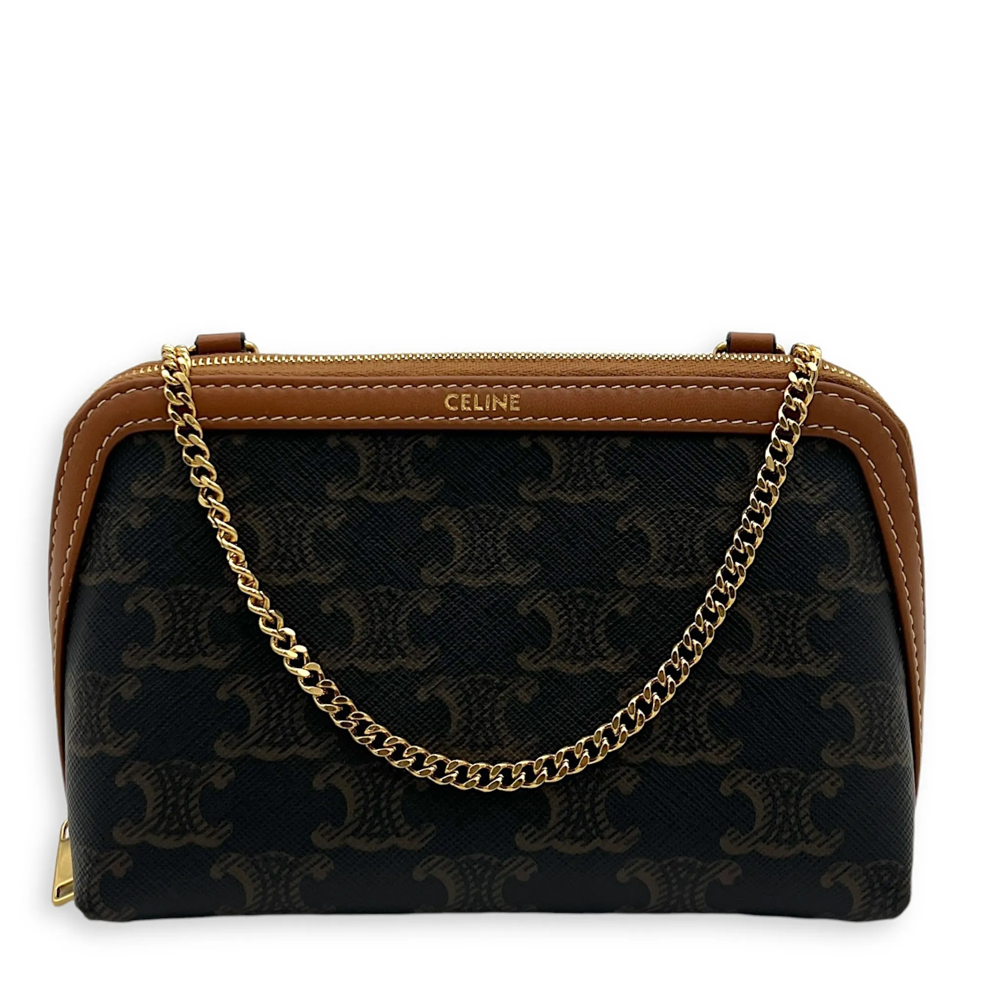 Triomphe Clutch On Chain Shoulder Bag Brown in Coated Canvas, Gold hardware