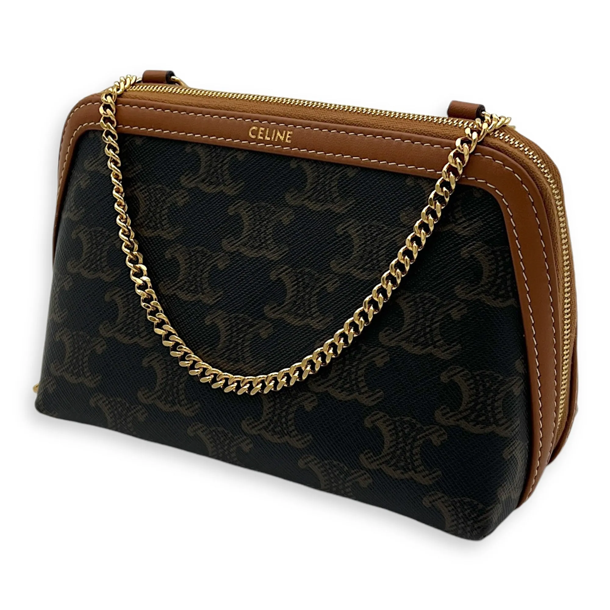 Triomphe Clutch On Chain Shoulder Bag Brown in Coated Canvas, Gold hardware