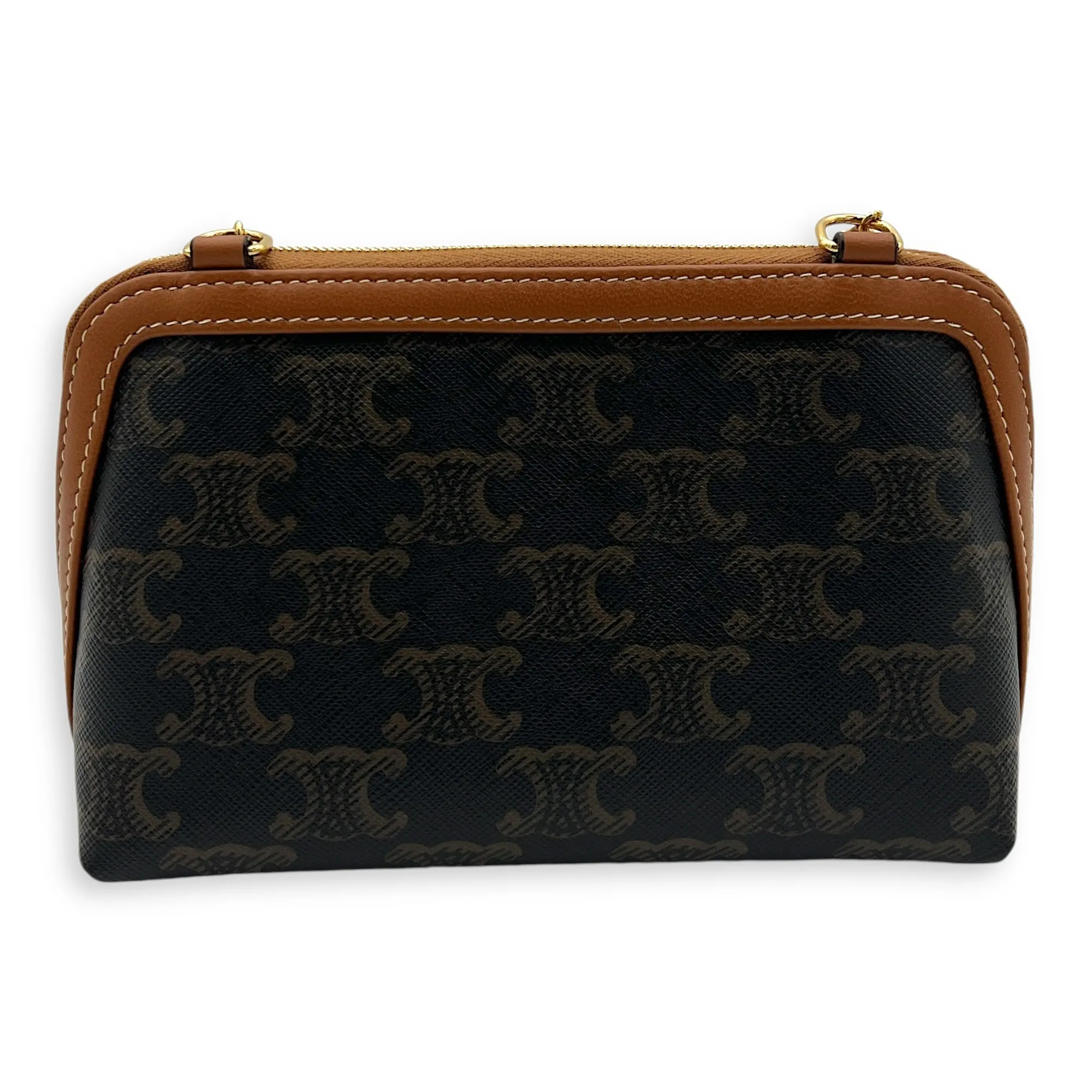 Triomphe Clutch On Chain Shoulder Bag Brown in Coated Canvas, Gold hardware