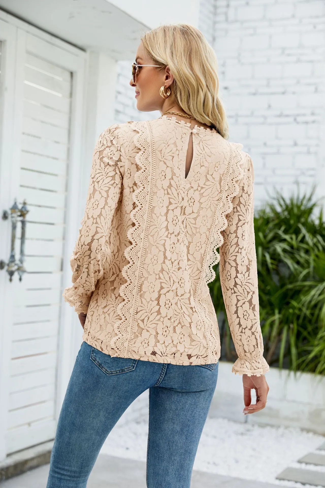 V-Neck Flounce Sleeve Lace Top