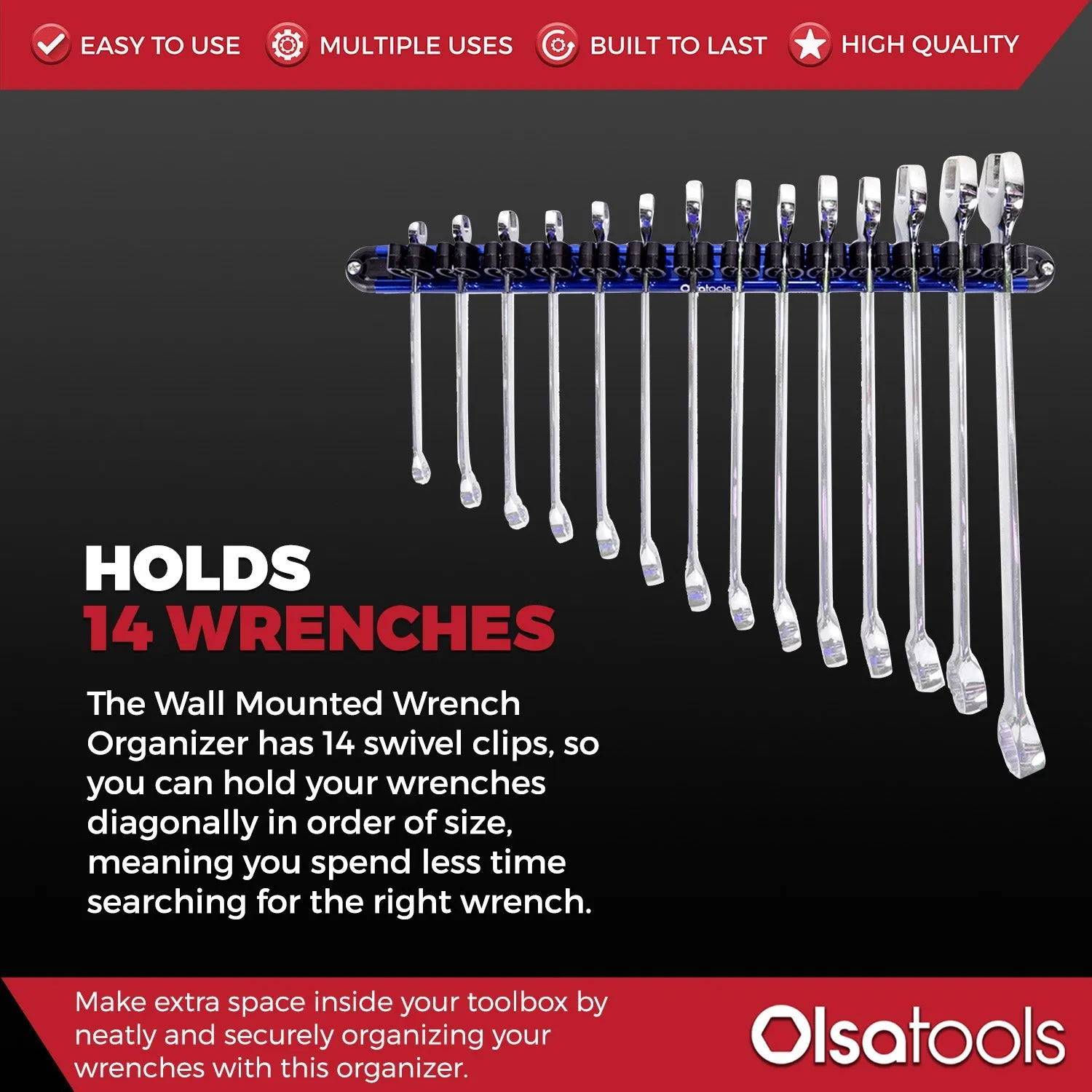 Wall Mount Wrench Organizer With Rotating Clips