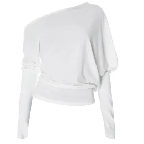 White Off Shoulder Top Long Sleeve T Shirts for Woman 2024 Fall Trendy Clothes Loose Asymmetrical Tops P85-BG28