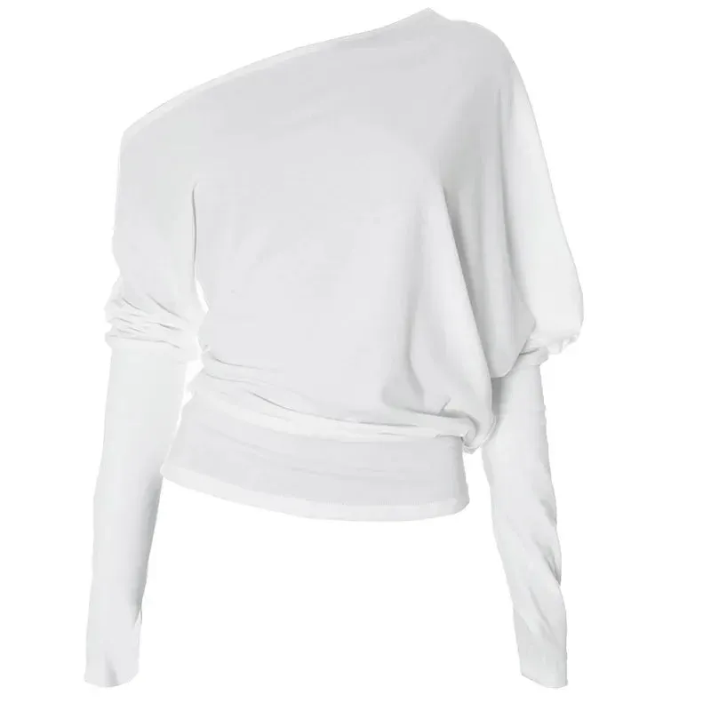 White Off Shoulder Top Long Sleeve T Shirts for Woman 2024 Fall Trendy Clothes Loose Asymmetrical Tops P85-BG28